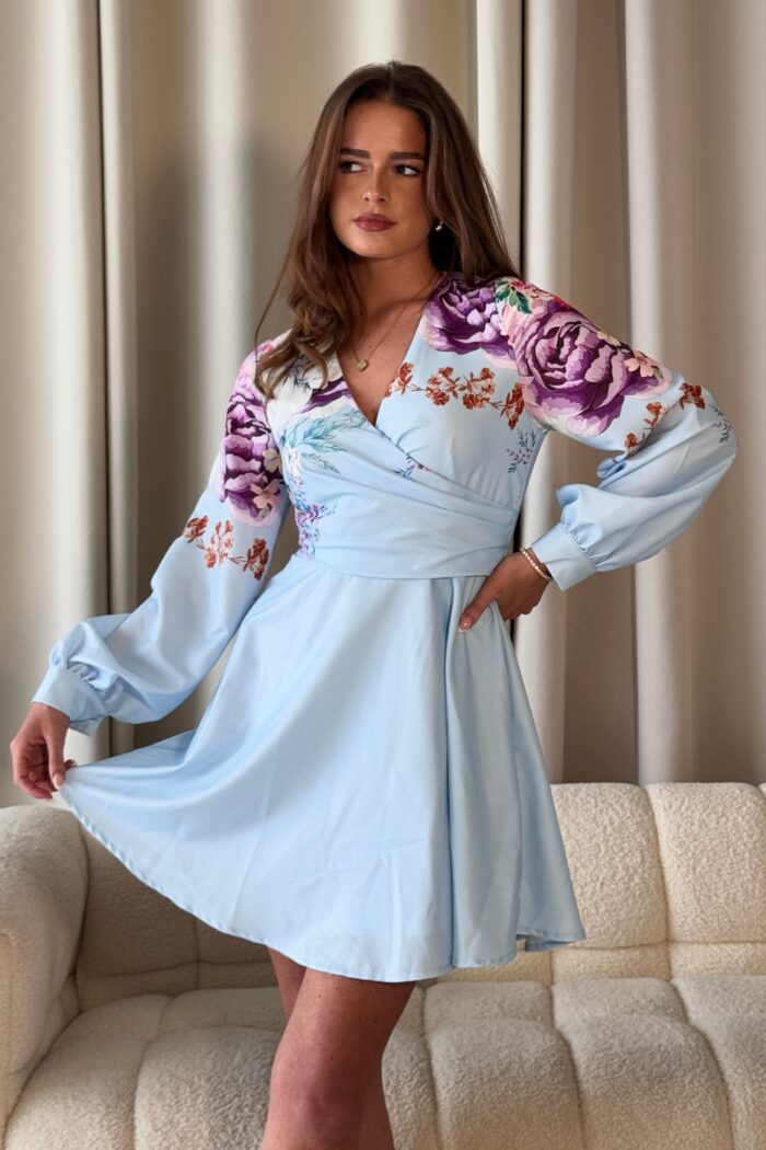 Ruth Blue Floral Wrap Mini Skater Dress