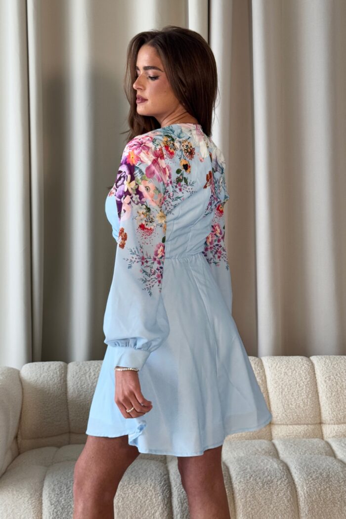 Ruth Blue Floral Wrap Mini Skater Dress - Image 4