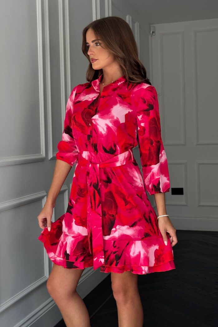 Ashton Pink Floral Frill Skirt Mini Dress - Image 5