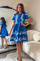Loren Floral Embroidery Cotton Mini Smock Dress Blue