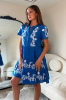 Loren Floral Embroidery Cotton Mini Smock Dress Blue