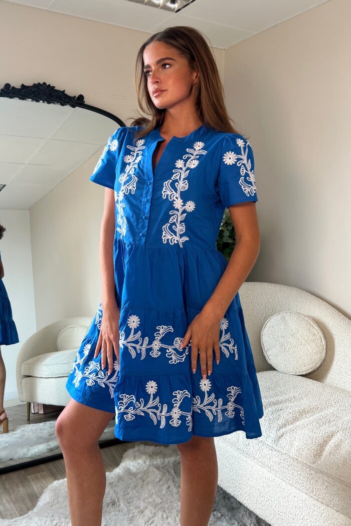 Loren Floral Embroidery Cotton Mini Smock Dress Blue - Image 4