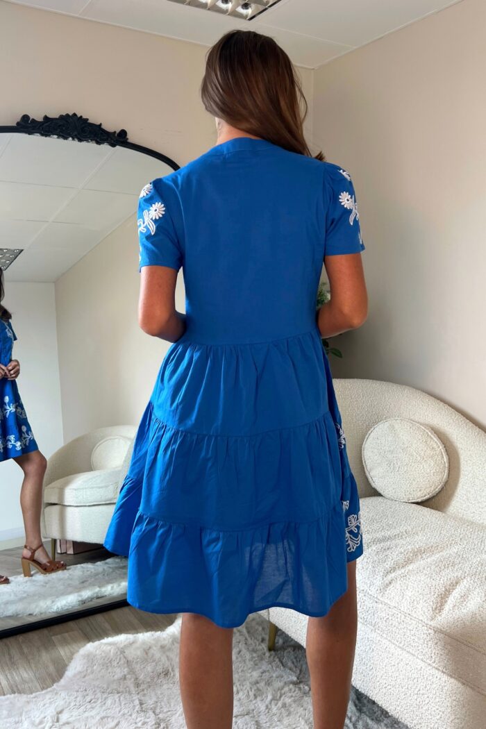 Loren Floral Embroidery Cotton Mini Smock Dress Blue - Image 5