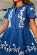 Loren Floral Embroidery Cotton Mini Smock Dress Blue