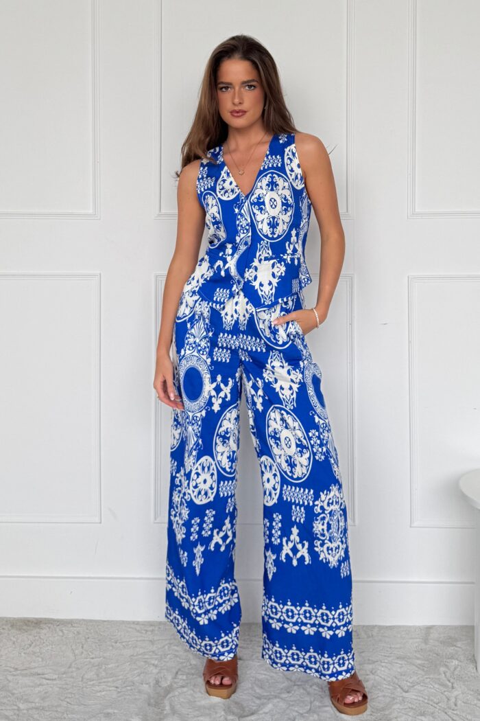 Cara Viscose Blend Printed Waistcoat In Cobalt - Image 2