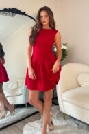 Codi Boat Neck Low Back Mini Dress Red