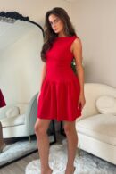 Codi Boat Neck Low Back Mini Dress Red