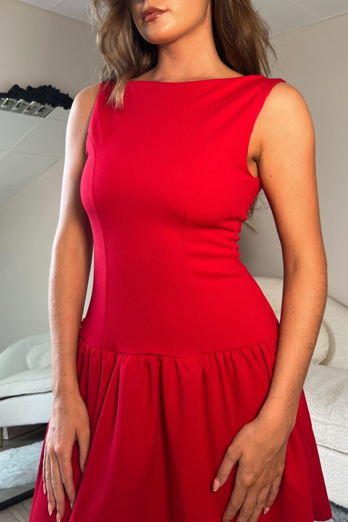 Codi Boat Neck Low Back Mini Dress Red - Image 2