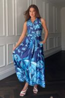 Rhia Sleeveless Blue Border Print Shirt Maxi Dress