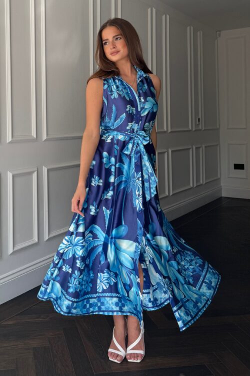 Rhia Sleeveless Blue Border Print Shirt Maxi Dress