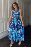 Rhia Sleeveless Blue Border Print Shirt Maxi Dress