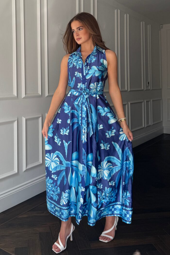 Rhia Sleeveless Blue Border Print Shirt Maxi Dress - Image 4