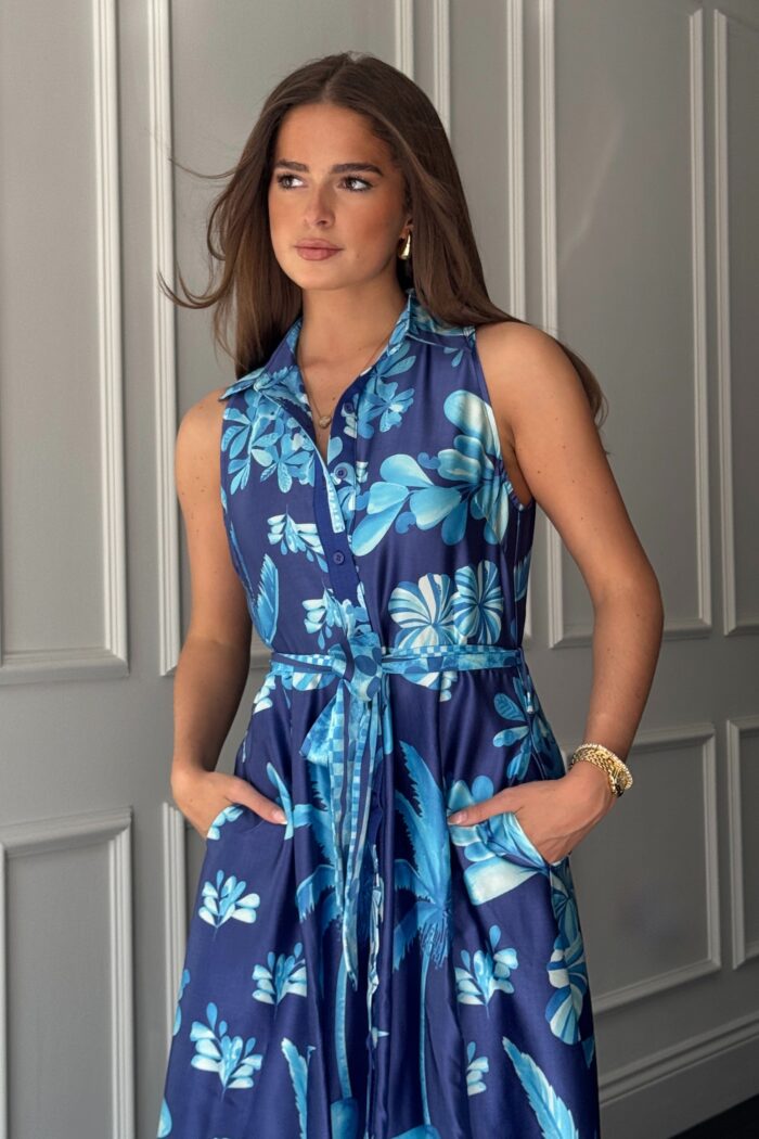 Rhia Sleeveless Blue Border Print Shirt Maxi Dress - Image 2