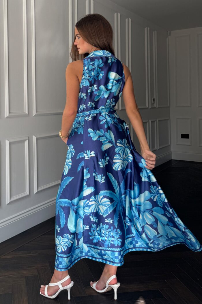 Rhia Sleeveless Blue Border Print Shirt Maxi Dress - Image 5