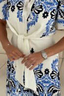 Verity Blue Paisley Border Print Tie Detail Mini Shirt Dress