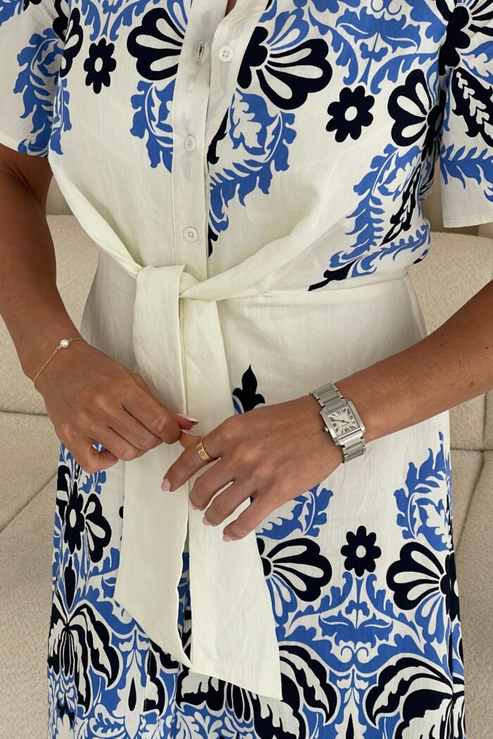Verity Blue Paisley Border Print Tie Detail Mini Shirt Dress - Image 2
