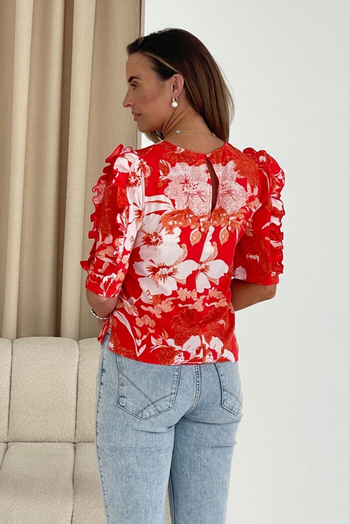 Asher Red Floral Print Frill Sleeve Top - Image 5
