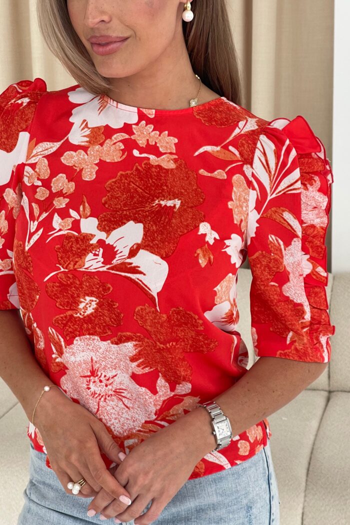 Asher Red Floral Print Frill Sleeve Top - Image 2