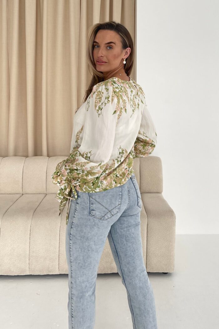 Darcy Tie Cuff Blouse in Linen Look Green Floral - Image 5