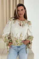 Darcy Tie Cuff Blouse in Linen Look Green Floral