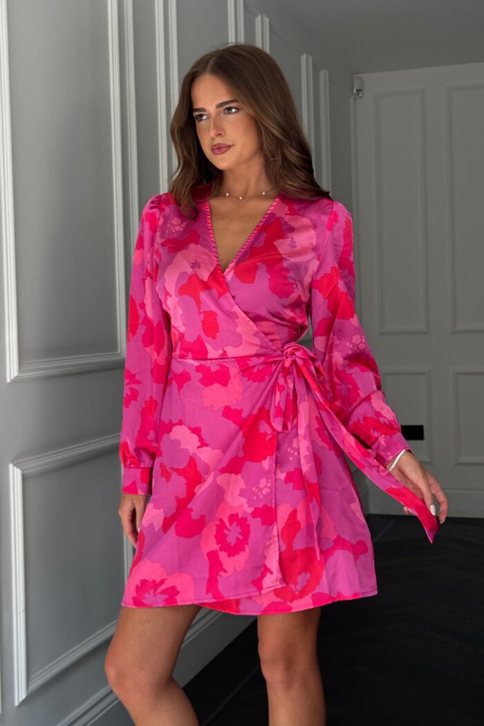 Jenny Long Sleeve Wrap Mini Dress Pink Floral - Image 3