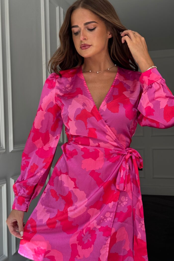 Jenny Long Sleeve Wrap Mini Dress Pink Floral - Image 2
