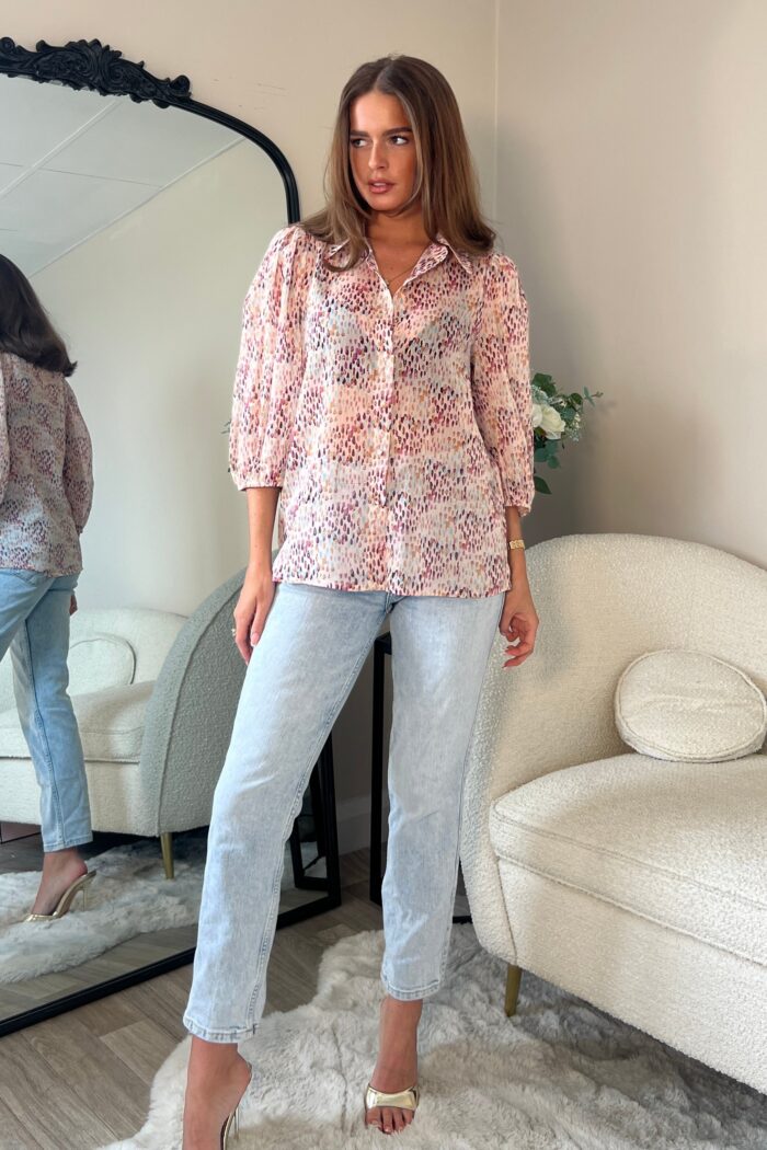 Jax Blush Foil Print Puff Sleeve Shirt - Image 3