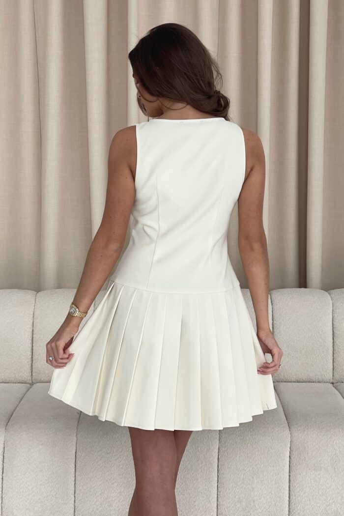 Penelope Tailored Pleated Mini Dress Cream - Image 5
