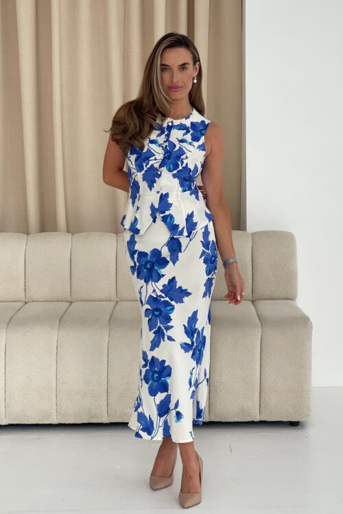 Lottie Bias Cut Floral Midi Skirt Blue