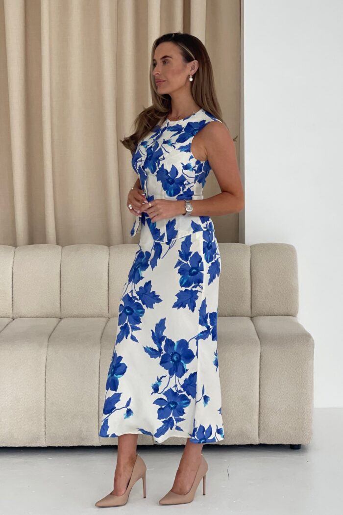 Lottie Bias Cut Floral Midi Skirt Blue - Image 3